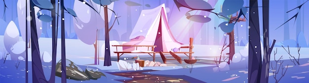 Free vector winter camping in tent on wooden patio in forest cartoon vector landscape of woodland with shack or hut covered with snow cold season outdoor vacation and recreation in campsite among trees