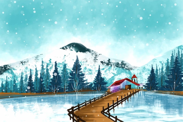免费矢量冬季圣诞景观与林木覆盖着雪的节日卡片背景