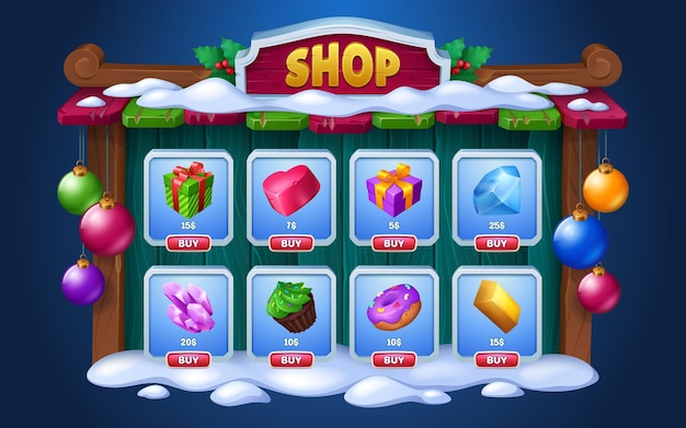 Winter and christmas shop game interface cartoon wooden window with items on card and price button user interface template of menu frame with snow holly and ball decorations for selling props