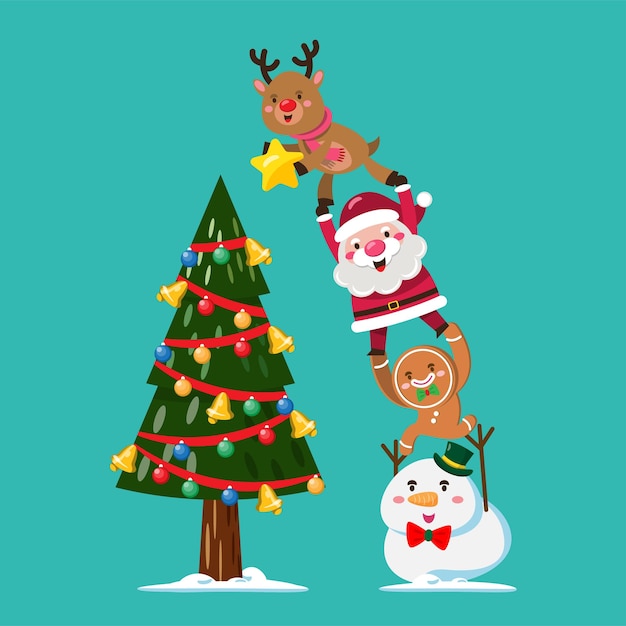 サンタクロースと雪の上のクリスマスツリーを飾るチームと冬のクリスマスツリー。招待状、パーティー、新年、クリスマス、ウェブ、カード、出版物のベクトルイラストデザイン要素