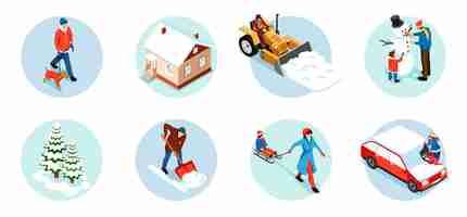 Free vector winter city isometric round compositions with snow plow family sculpting snowman snow covered houses and cars isolated vector illustration