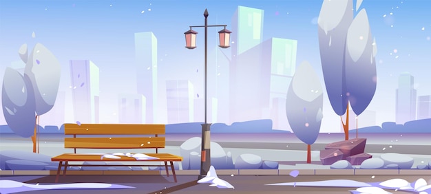Бесплатное векторное изображение Зимний городской общественный парк с заснеженной землей и деревьями скамейка и фонарь на фоне высотных зданий мультфильм векторный пейзаж холодного сезонного городского уличного сада для отдыха на открытом воздухе