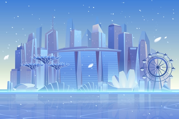 Free vector winter city skyline at frozen bay, architecture