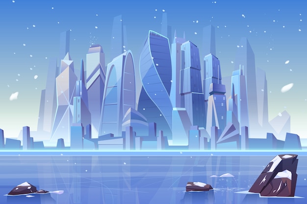 Free vector winter city skyline at frozen bay