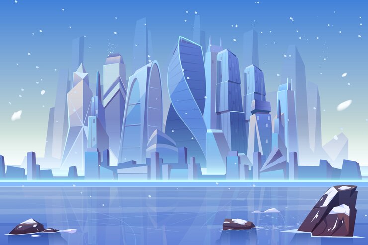 Free Vector winter city skyline at frozen bay