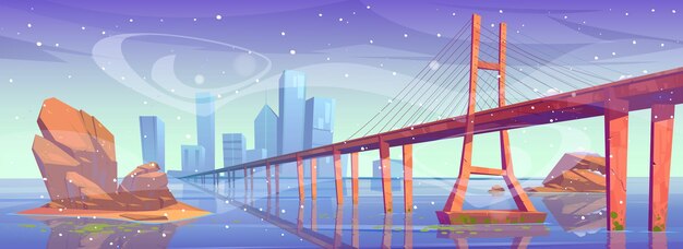 Winter city skyline with bridge over frozen water bay under falling snow and wind. Modern metropolis cityscape with skyscraper buildings architecture, glass towers at sea, Cartoon vector illustration