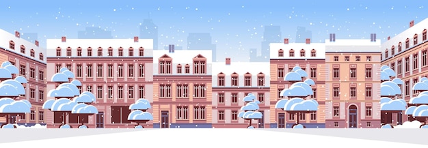 Зимняя городская улица с современными домами, экстерьер, фасад городских зданий, горизонтальный городской пейзаж, фон, векторная иллюстрация