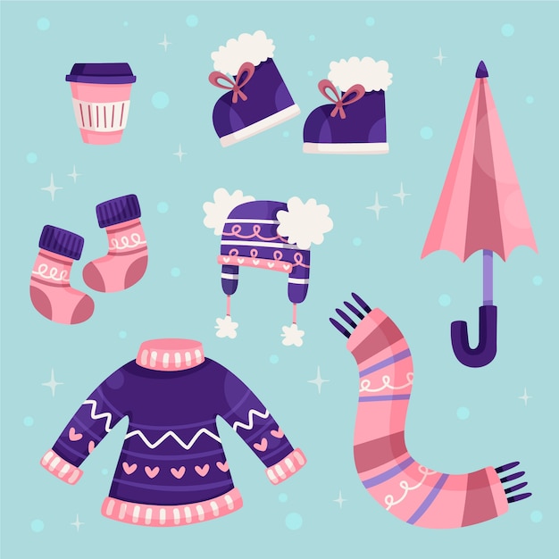 Vettore gratuito abiti invernali ed elementi essenziali in design piatto