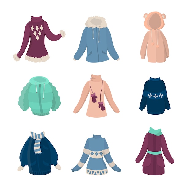 Winter clothes set Females coats and sweaters on white background