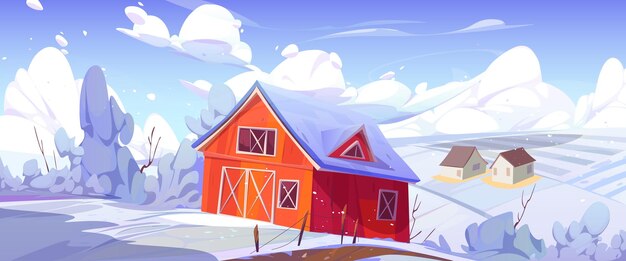 농장 헛간 필드와 겨울 시골 풍경