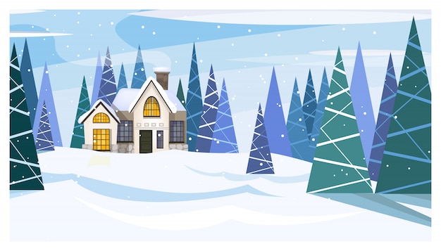 Free vector winter day landscape with cottage and fir-trees