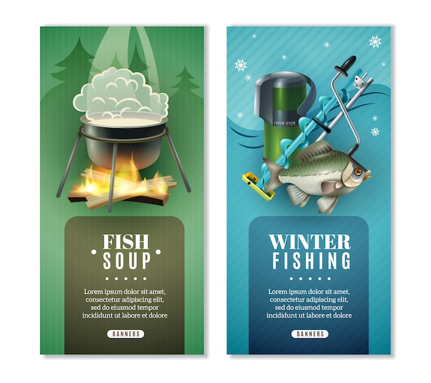 Free vector winter fishing 2 vertical banners set