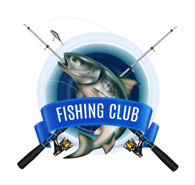 Winter  fishing  equipment  emblem  with  realistic  image  of  fish  and  crossed  rods  with  ribbon  and  text