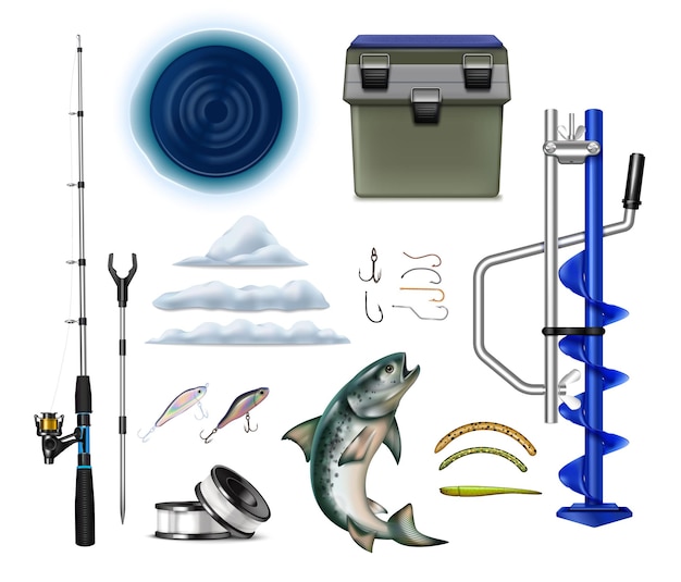 Бесплатное векторное изображение Реалистичный набор зимнего рыболовного снаряжения с изолированными рыболовными снастями из удочек, крючков, ледокола