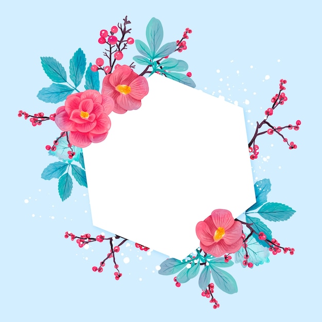 Winter flowers background with empty badge