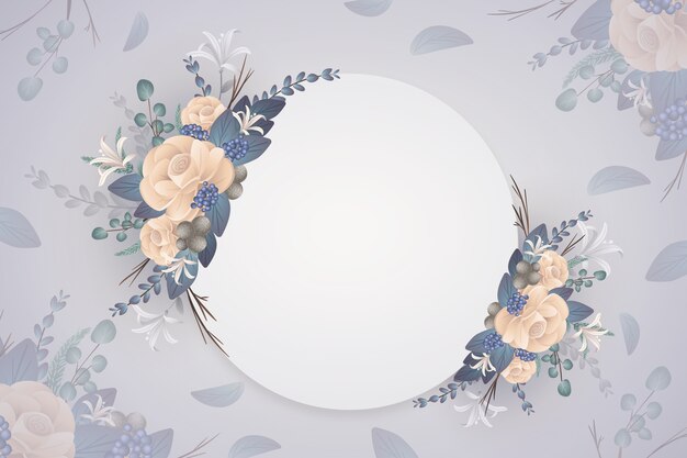 Winter flowers background with empty badge