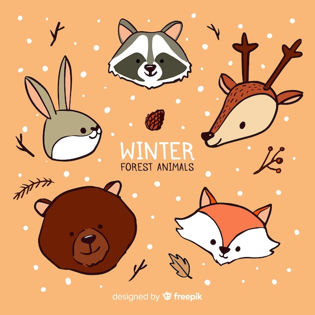 Winter forest animal faces collection