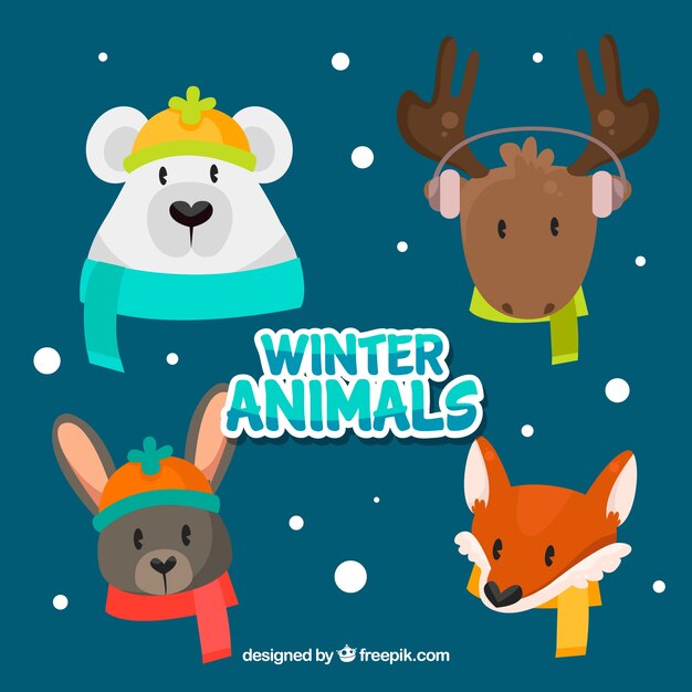 フラットスタイルの冬の森の動物コレクション