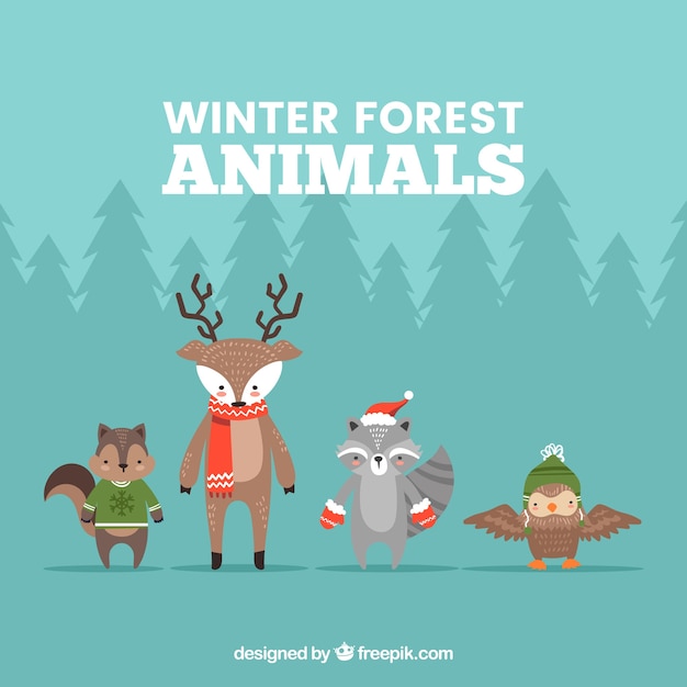 Бесплатное векторное изображение Коллекция зимних лесных животных из четырех