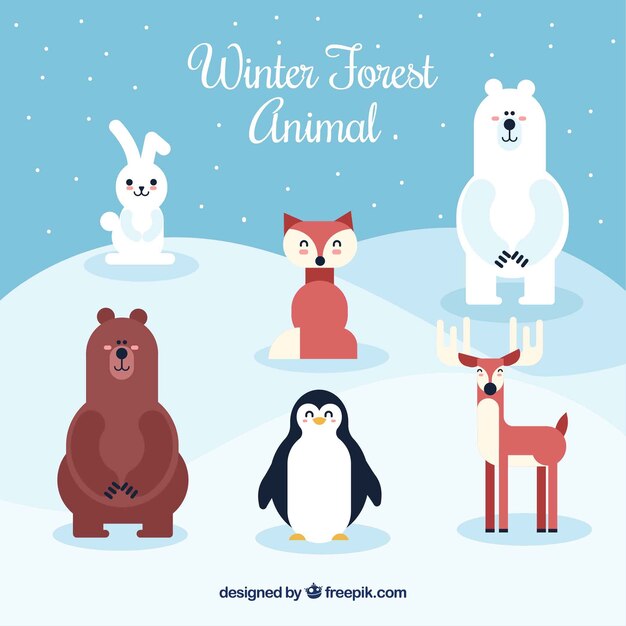 Winter forest animals pack in flat style