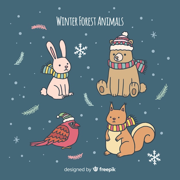 Free vector winter forest hand drawn animals