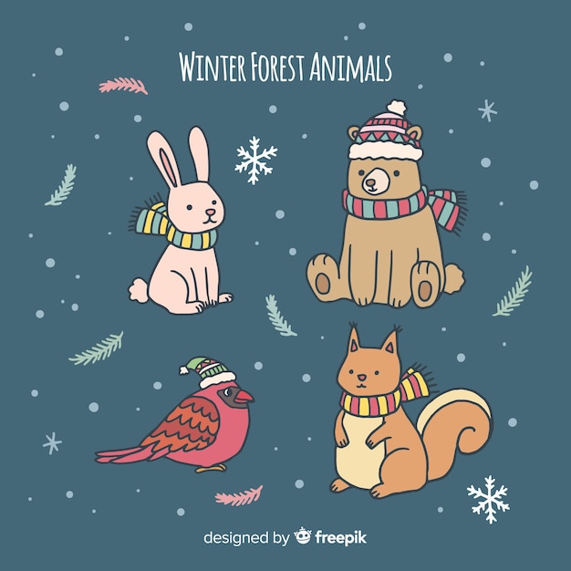 Winter forest hand drawn animals