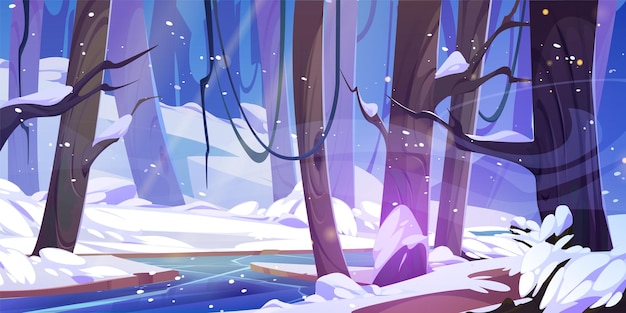 Winter forest river and snowy hills vector cartoon illustration of snowstorm in mysterious wild woodland cold lake with frozen surface branches of naked trees frosty blizzard wind game background