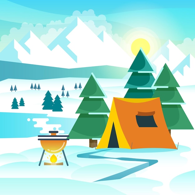 Зимний пеший туризм Векторный фон с палаткой и костром. Походы зимой, путешествия, походы, приключения, туризм, походы на открытом воздухе, иллюстрация
