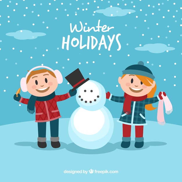 Зимний праздник фон с двумя детьми и снеговика