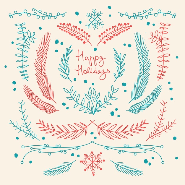Winter holidays hand drawn floral template with natural tree branches in red and blue colors illustration