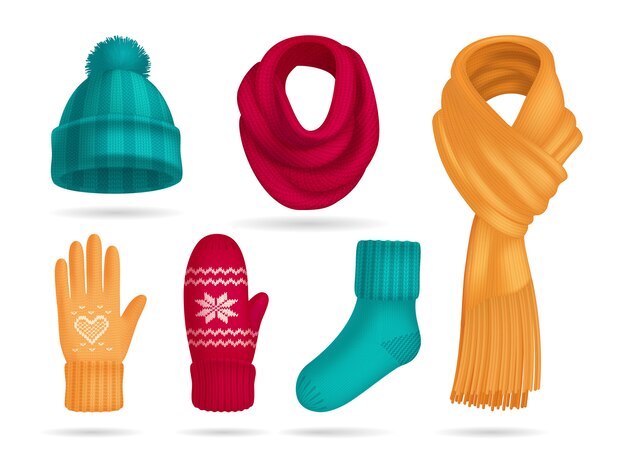 Зимние вязаные аксессуары реалистичный комплект с изолированными шапкой и носками