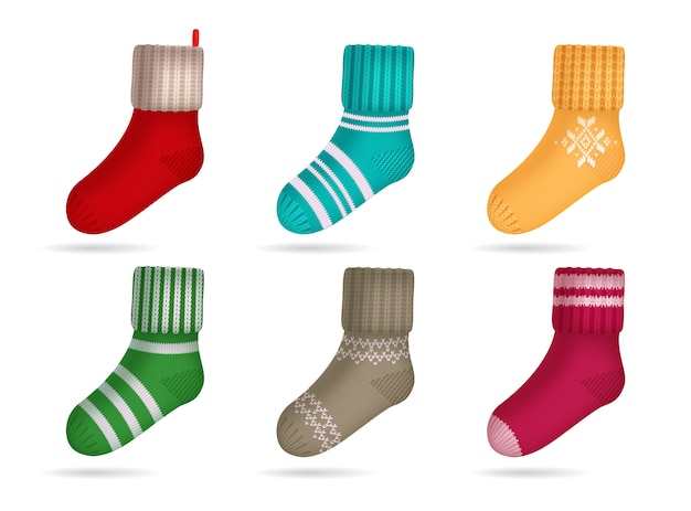 Зимние вязаные яркие цветные носки реалистичный набор изолированных
