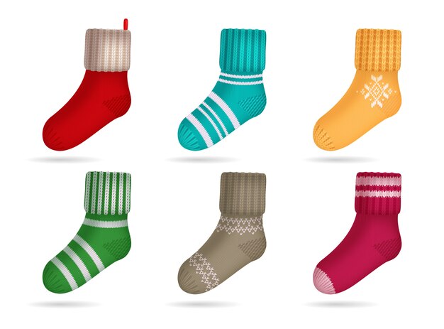 Winter knitted bright colored socks realistic set isolated