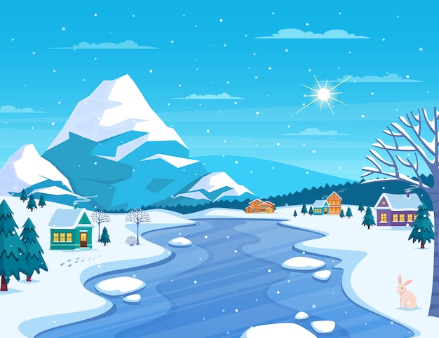 Бесплатное векторное изображение Зимний пейзаж и город иллюстрация
