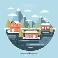 Free vector winter landscape background with houses in flat design