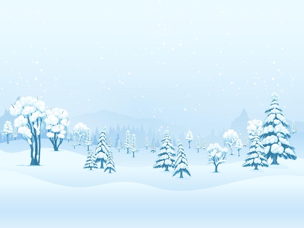 無料ベクター 雪の吹きだまりの降雪と霧氷と雪のベクトル図で覆われた木々の冬の風景青い背景