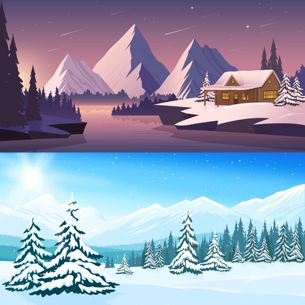 Winter landscape horizontal banners with house river mountains and trees in the day and night time