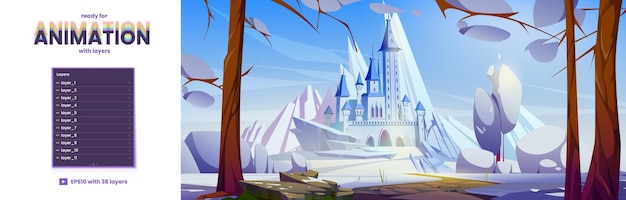 Winter landscape with castle on hill snow and ice peaks Vector parallax background ready for 2d animation with cartoon illustration of fairy tale kingdom with royal palace with towers