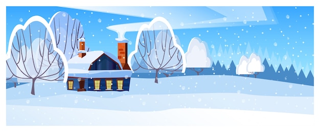 Бесплатное векторное изображение Зимний пейзаж с домиком и деревьями