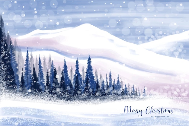 Free vector winter landscape with falling christmas snow and tree holiday card background