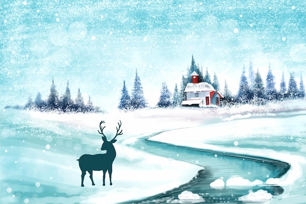 Free vector winter landscape with falling christmas snow and tree holiday card background