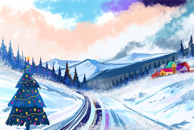 Free Vector winter landscape with falling christmas snow and tree holiday card background