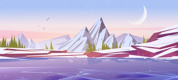 Winter landscape with frozen lake and mountains at early morning Vector cartoon illustration of northern nature scene with coniferous trees ice on river snowy rocks moon and stars in sky