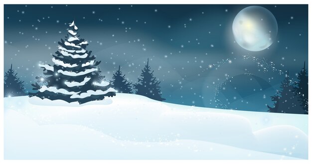 Winter landscape with full moon and fir-tree illustration