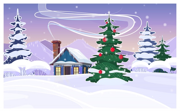 Winter landscape with house and decorated fir-tree