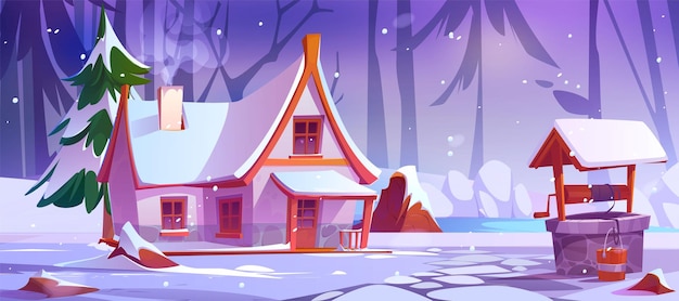 Free vector winter landscape with house in forest