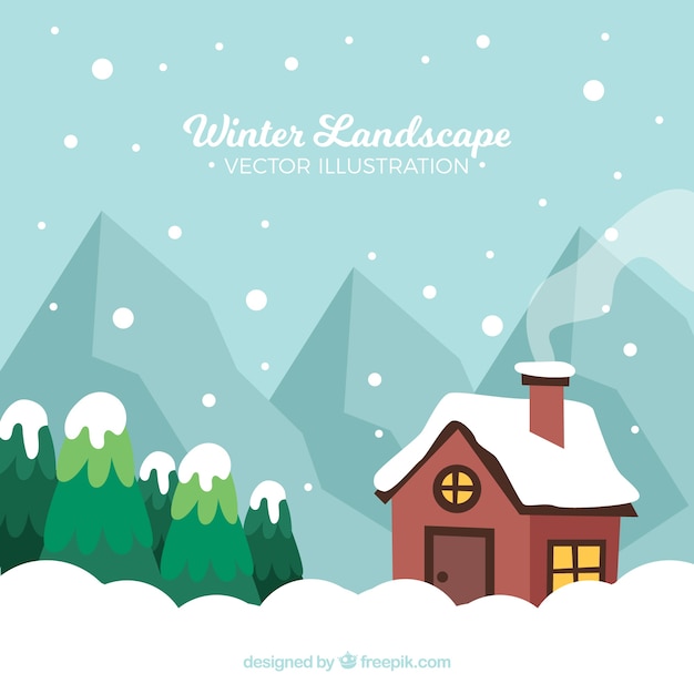 Free vector winter landscape with house and pines