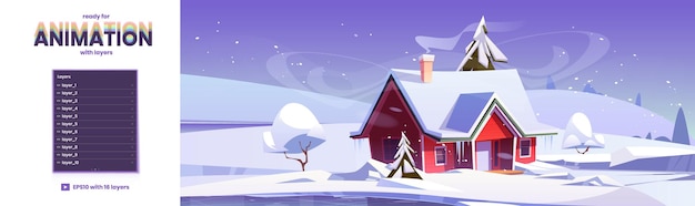 家の雪原と凍った湖のある冬の風景ベクトルパララックス背景降雪アイスリンクと村のコテージの漫画イラストと2dアニメーションの準備ができて