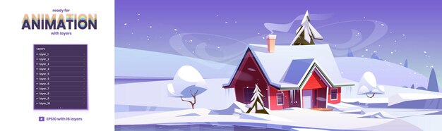 Winter landscape with house snow fields and frozen lake Vector parallax background ready for 2d animation with cartoon illustration of snowfall ice rink and village cottage