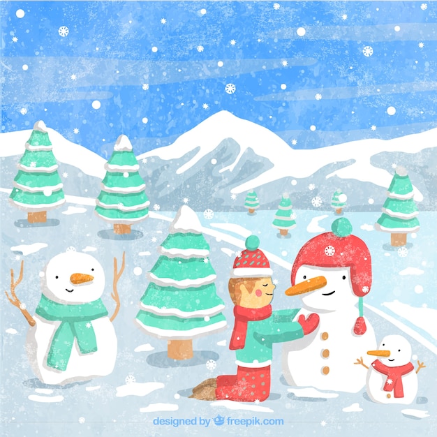 無料ベクター 子供と雪だるまの冬の風景